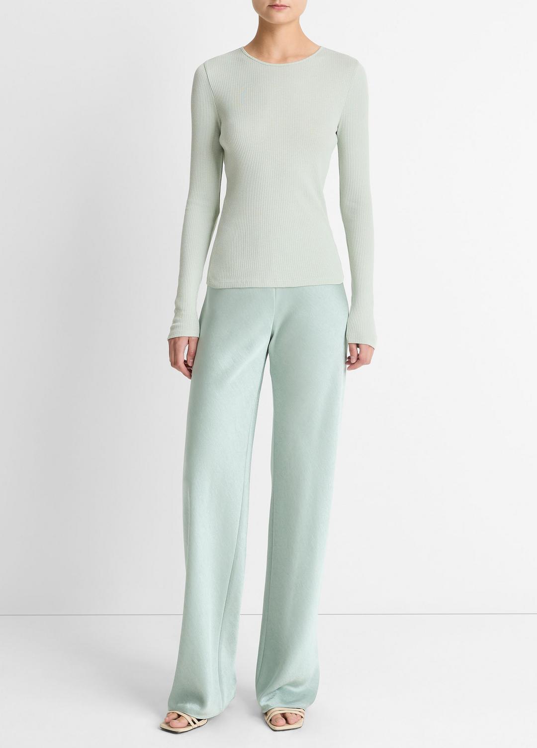 VINCE | Ribbed Pima Cotton Long-Sleeve T-Shirt in Long Sleeve - LIGHT ALOE STONE