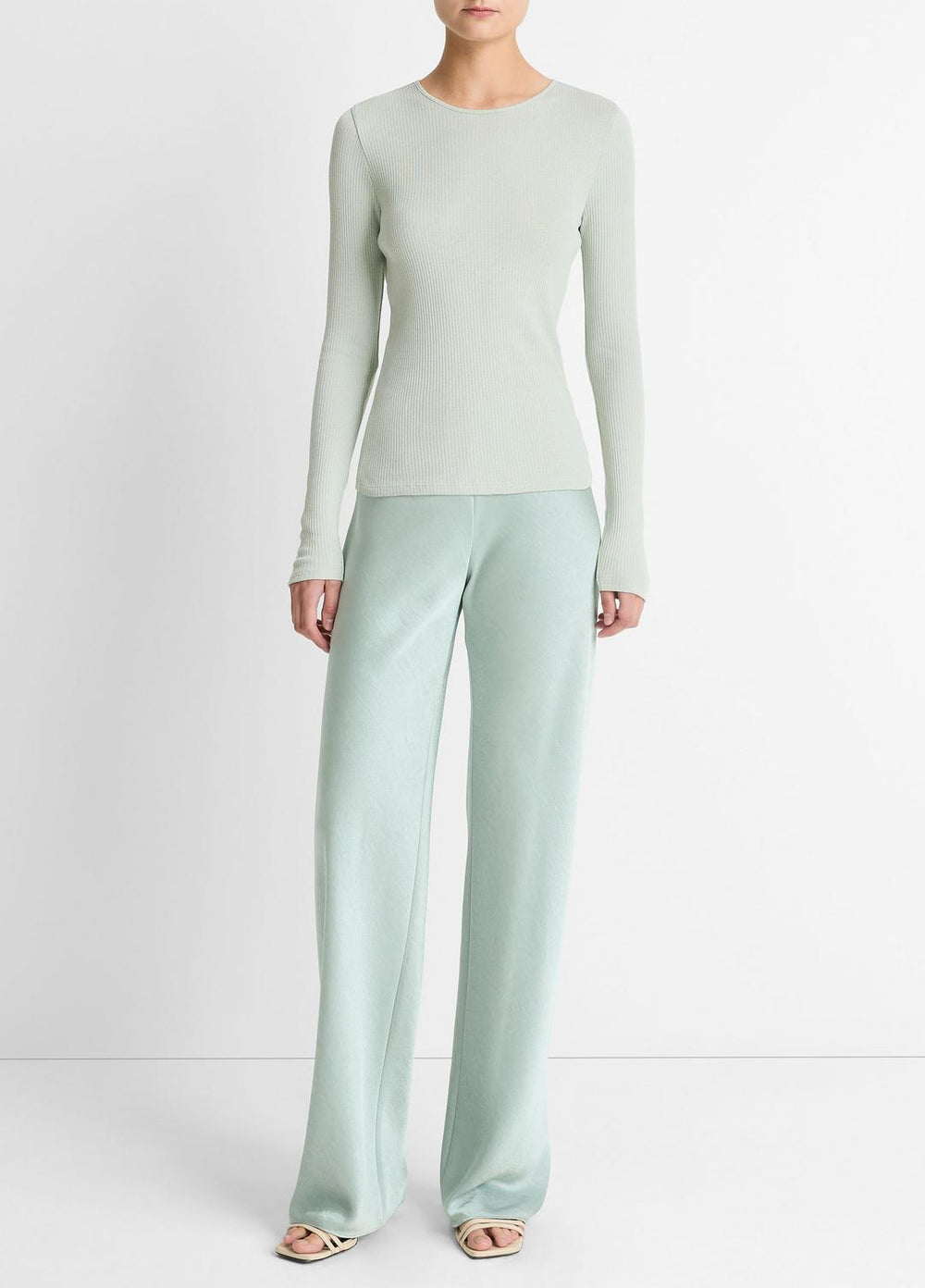 VINCE | Ribbed Pima Cotton Long-Sleeve T-Shirt in Long Sleeve - LIGHT ALOE STONE