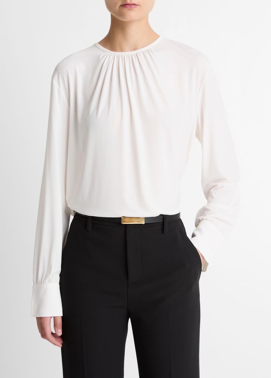 VINCE | Matte Jersey Gathered Blouse in Long Sleeve - OFF WHITE