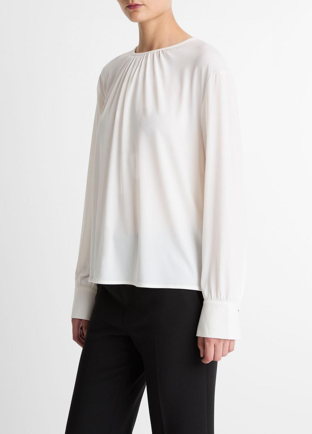 VINCE | Matte Jersey Gathered Blouse in Long Sleeve - OFF WHITE