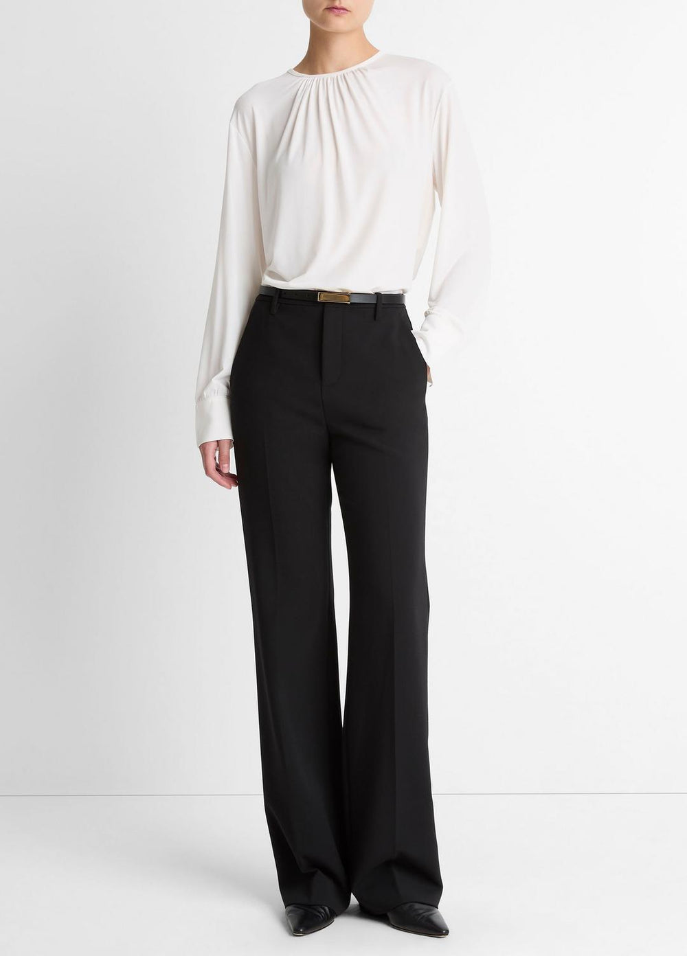 VINCE | Matte Jersey Gathered Blouse in Long Sleeve - OFF WHITE