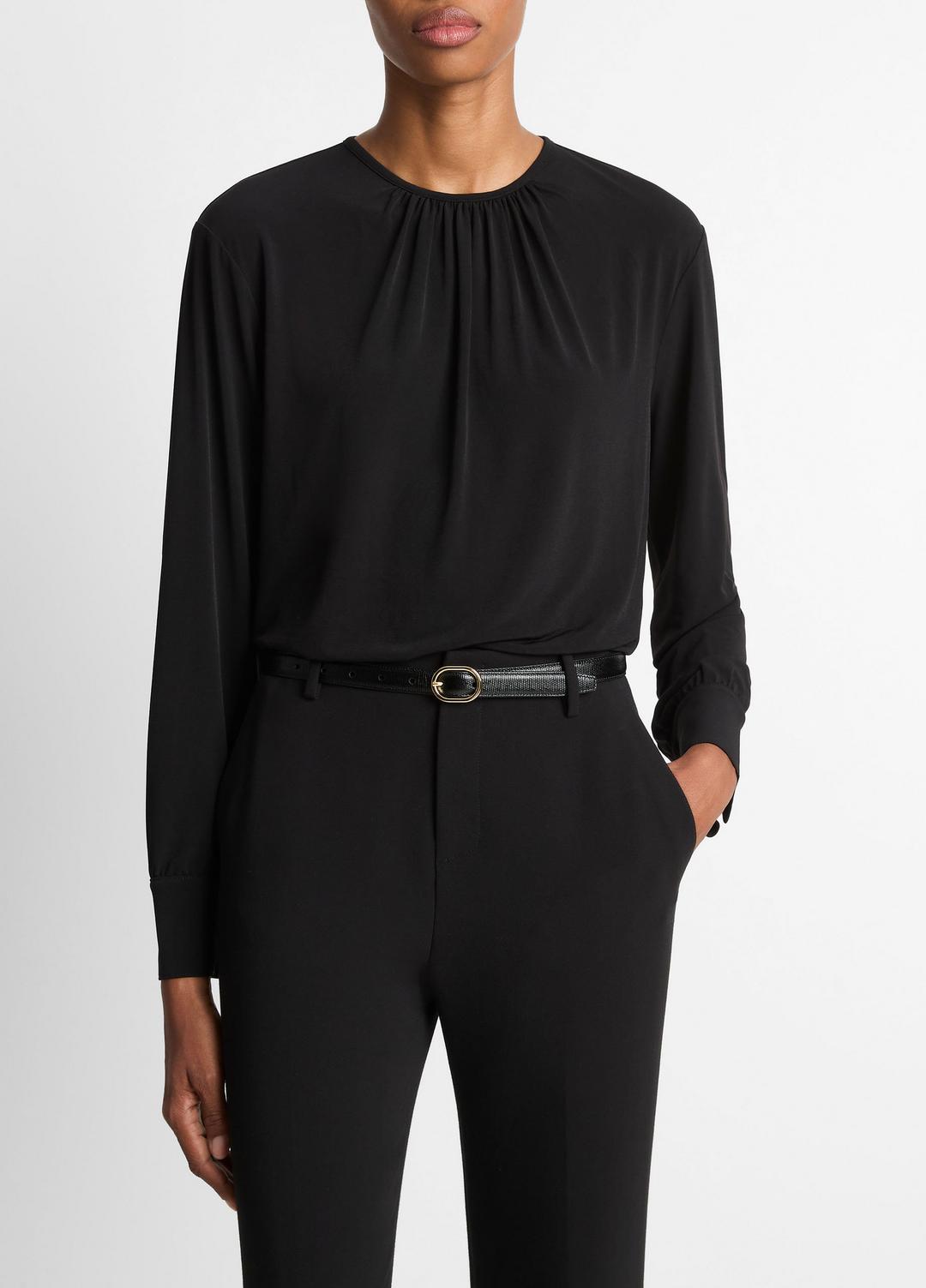 VINCE | Matte Jersey Gathered Blouse in Long Sleeve - BLACK