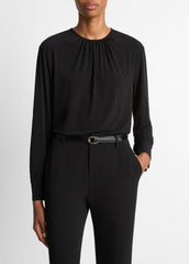 VINCE | Matte Jersey Gathered Blouse in Long Sleeve - BLACK