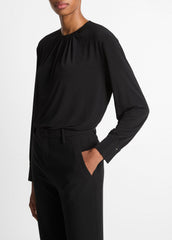 VINCE | Matte Jersey Gathered Blouse in Long Sleeve - BLACK