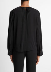 VINCE | Matte Jersey Gathered Blouse in Long Sleeve - BLACK
