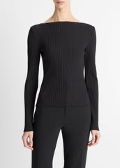 VINCE | Ribbed Cotton-Blend Slash-Neck Long-Sleeve Top in Long Sleeve - BLACK