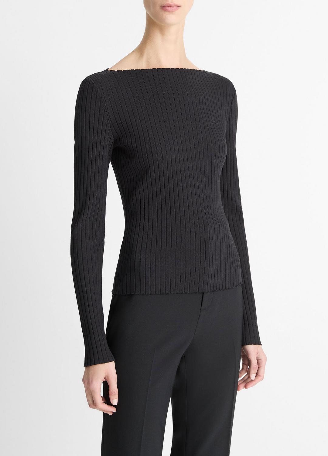 VINCE | Ribbed Cotton-Blend Slash-Neck Long-Sleeve Top in Long Sleeve - BLACK