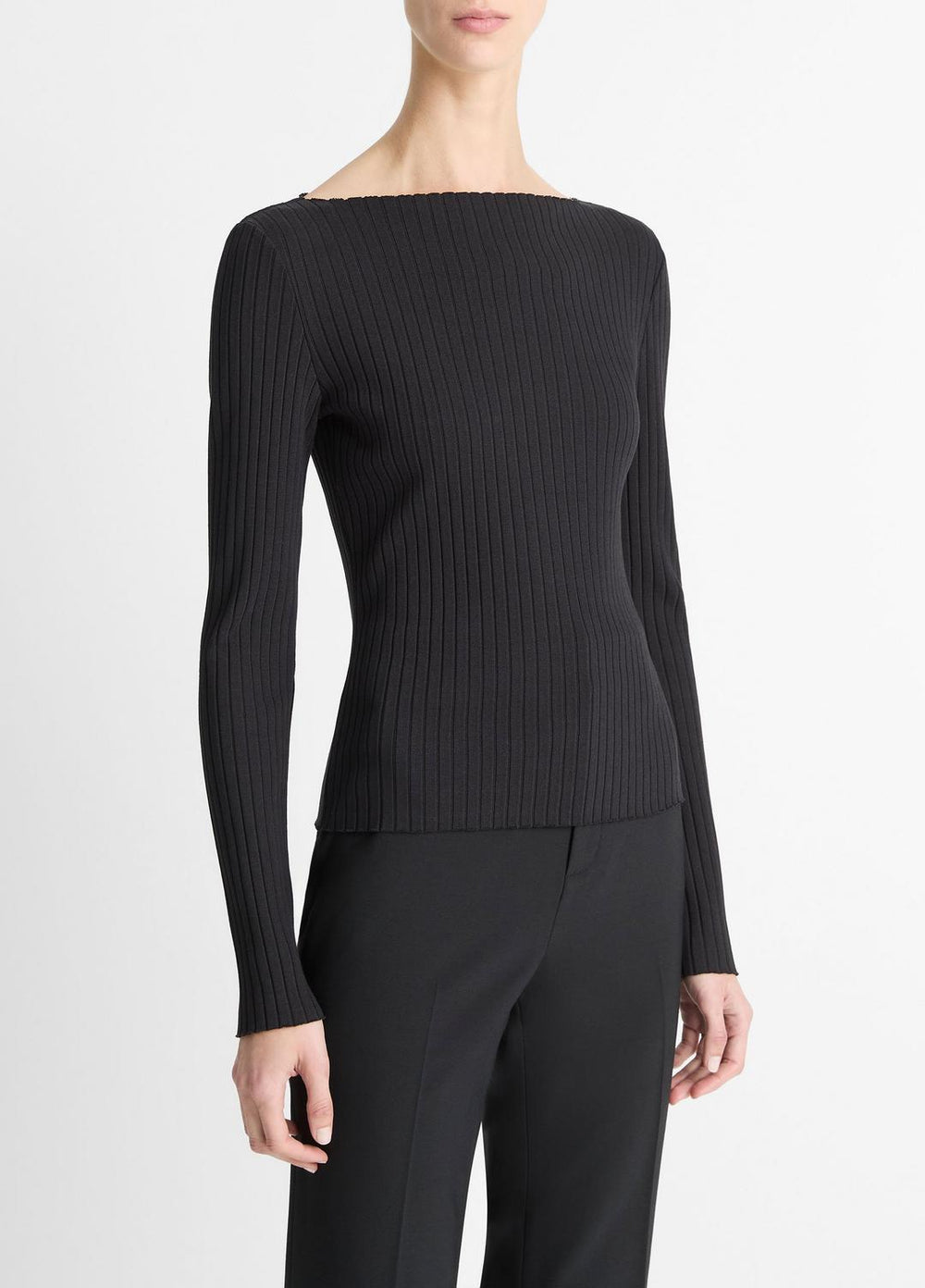 VINCE | Ribbed Cotton-Blend Slash-Neck Long-Sleeve Top in Long Sleeve - BLACK