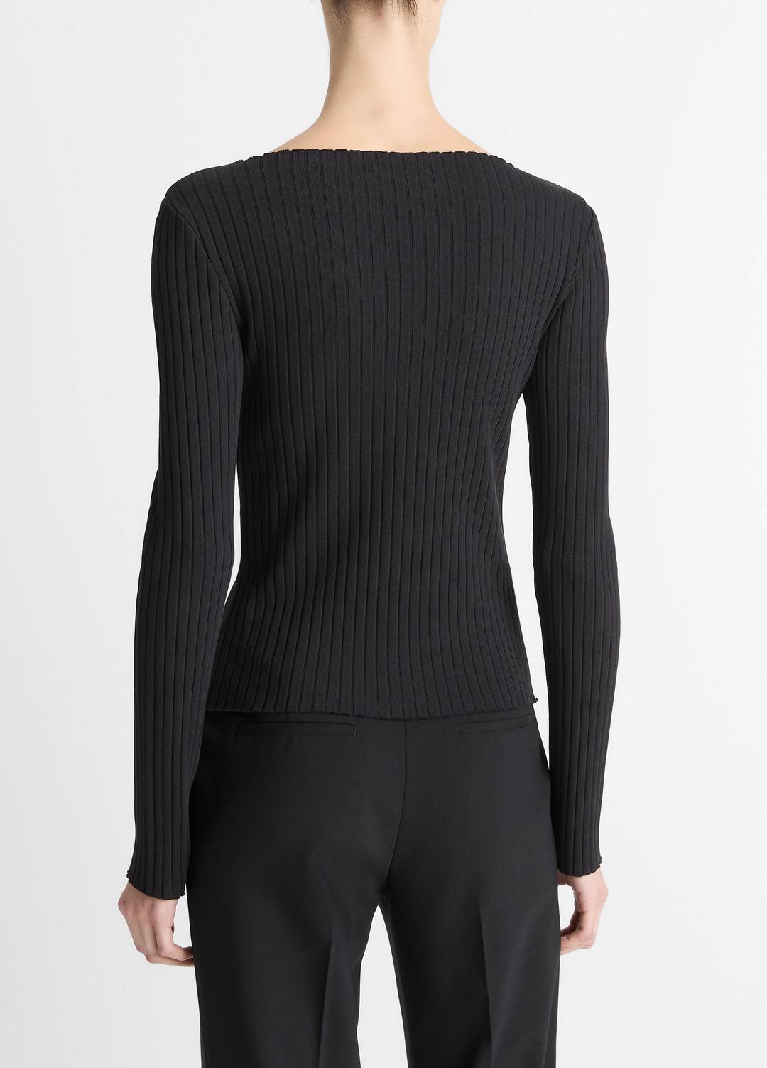 VINCE | Ribbed Cotton-Blend Slash-Neck Long-Sleeve Top in Long Sleeve - BLACK