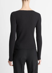 VINCE | Ribbed Cotton-Blend Slash-Neck Long-Sleeve Top in Long Sleeve - BLACK
