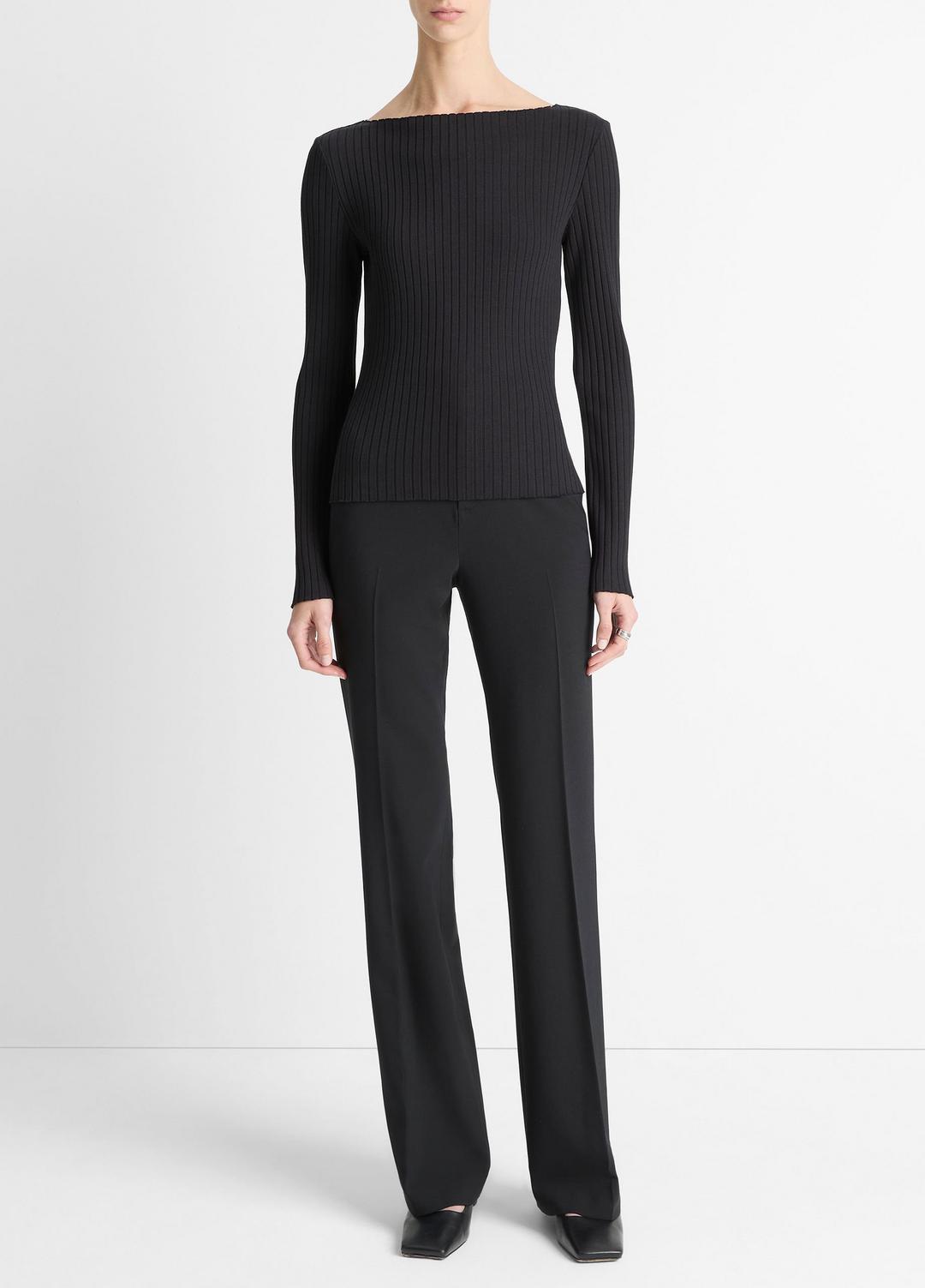 VINCE | Ribbed Cotton-Blend Slash-Neck Long-Sleeve Top in Long Sleeve - BLACK