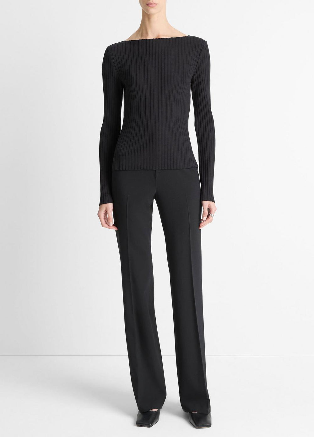 VINCE | Ribbed Cotton-Blend Slash-Neck Long-Sleeve Top in Long Sleeve - BLACK