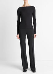 VINCE | Ribbed Cotton-Blend Slash-Neck Long-Sleeve Top in Long Sleeve - BLACK