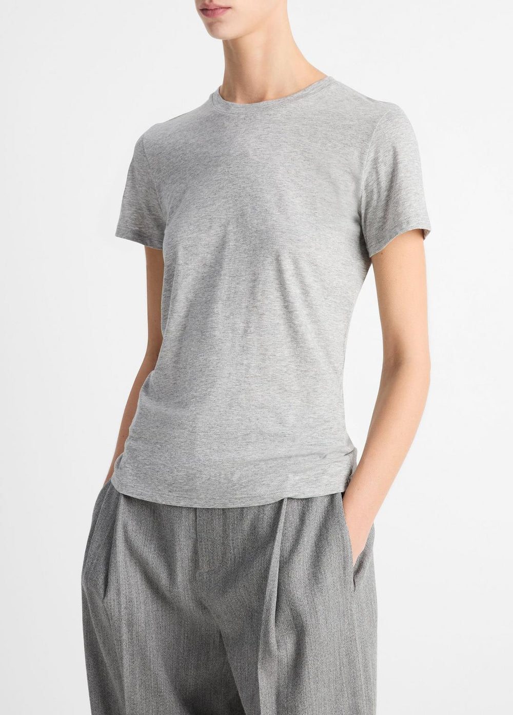 VINCE | Essential Pima Cotton Crew Neck T-Shirt in Short Sleeve - HEATHER GREY