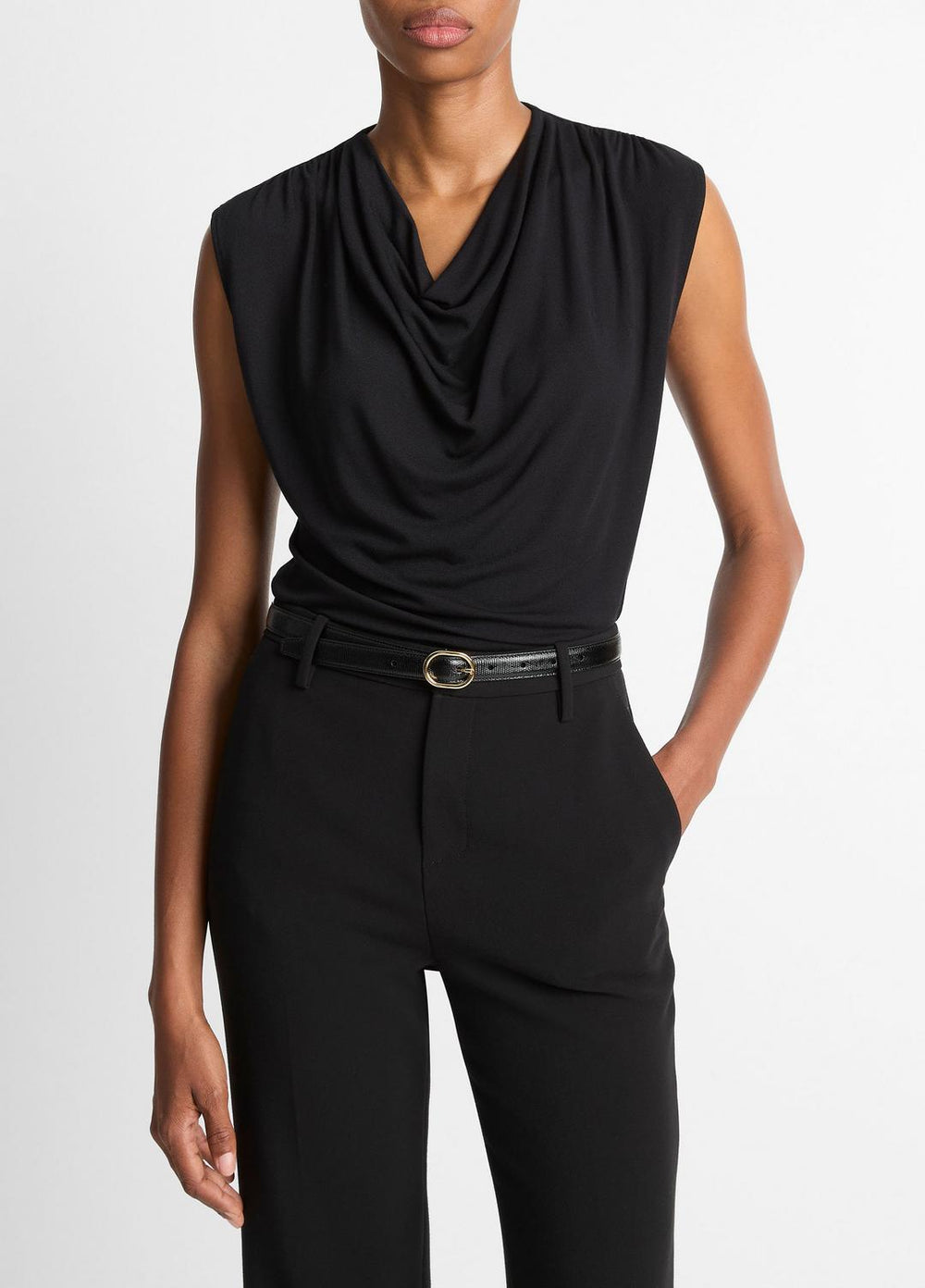 VINCE | Jersey Draped Cowl-Neck Top in Tank Tops - BLACK
