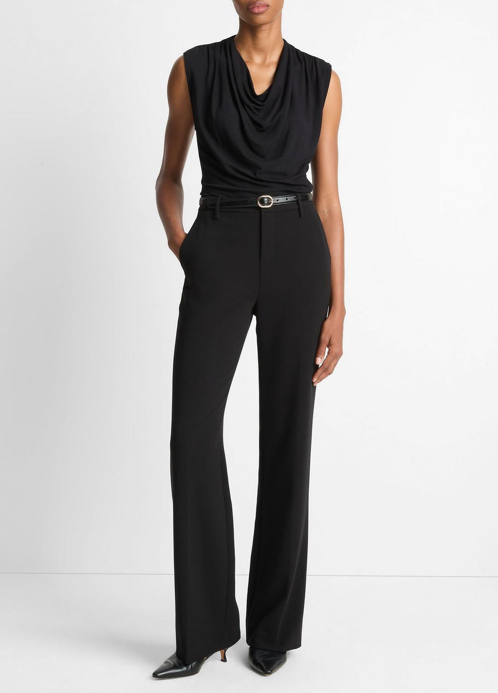 VINCE | Jersey Draped Cowl-Neck Top in Tank Tops - BLACK