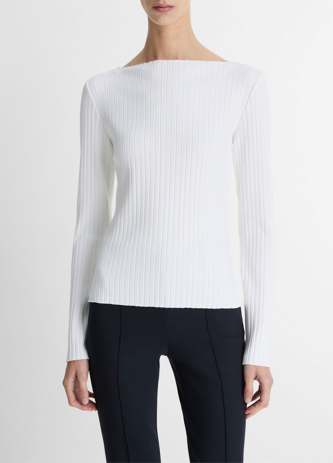 VINCE | Ribbed Cotton-Blend Slash-Neck Long-Sleeve Top in Long Sleeve - OFF WHITE