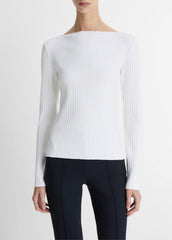 VINCE | Ribbed Cotton-Blend Slash-Neck Long-Sleeve Top in Long Sleeve - OFF WHITE