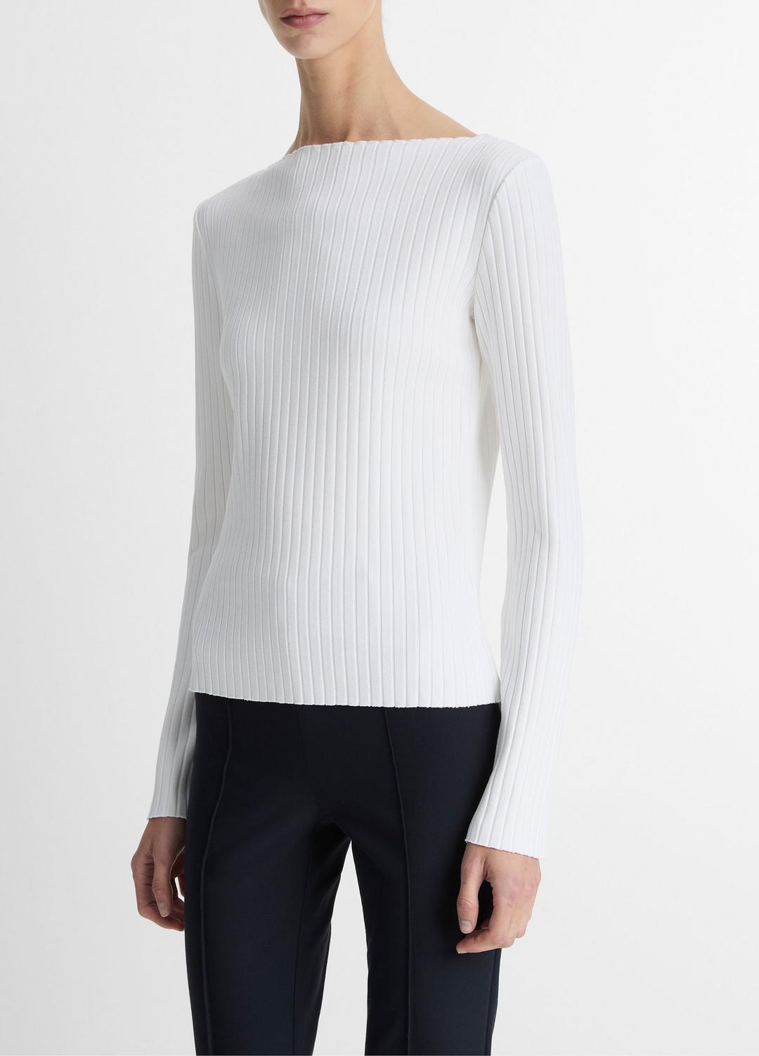 VINCE | Ribbed Cotton-Blend Slash-Neck Long-Sleeve Top in Long Sleeve - OFF WHITE