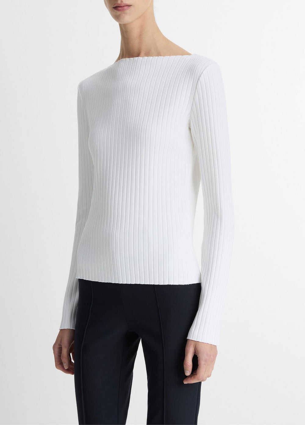 VINCE | Ribbed Cotton-Blend Slash-Neck Long-Sleeve Top in Long Sleeve - OFF WHITE