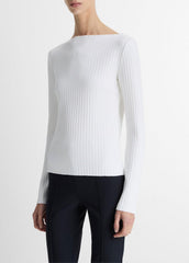 VINCE | Ribbed Cotton-Blend Slash-Neck Long-Sleeve Top in Long Sleeve - OFF WHITE