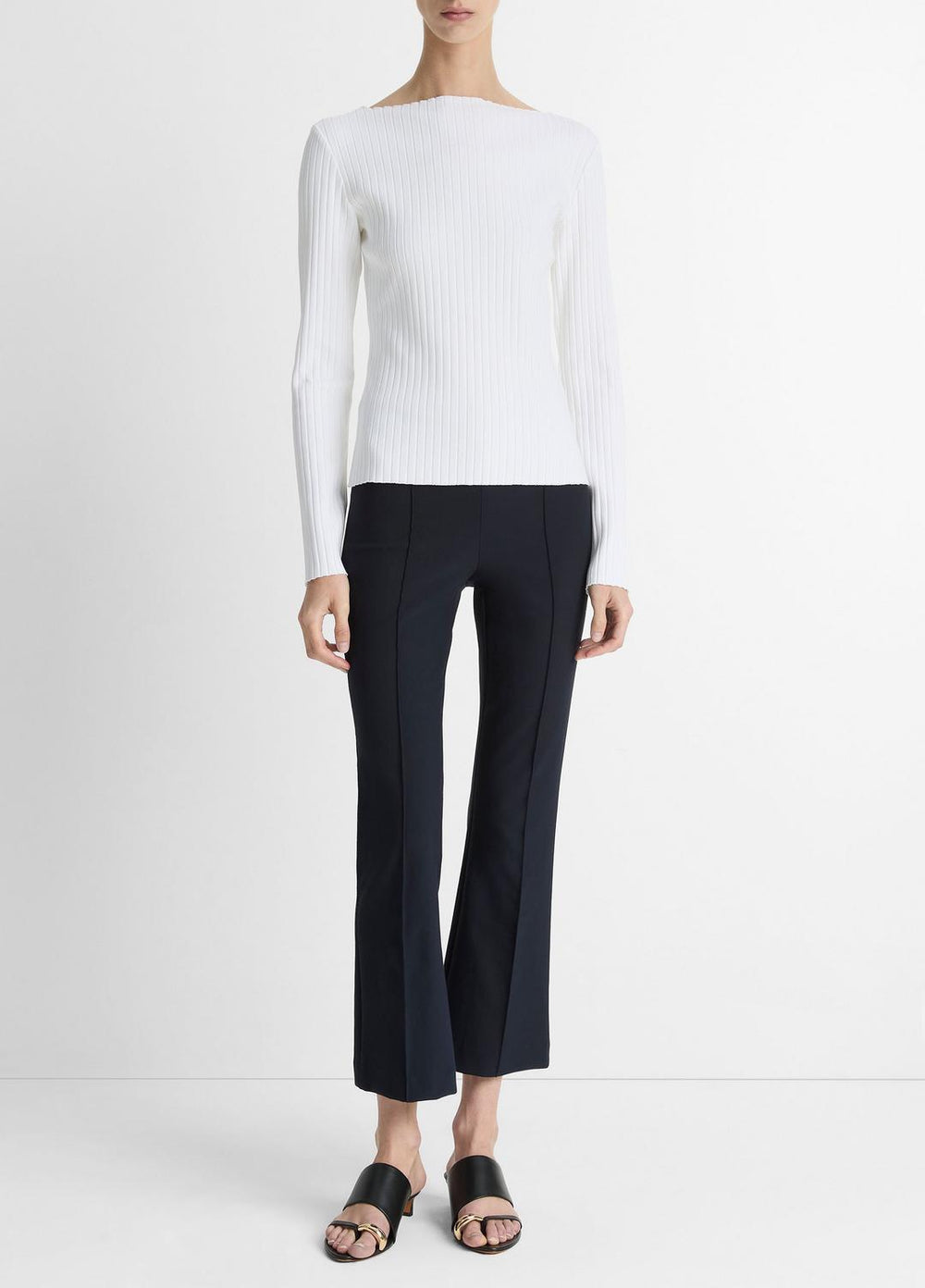 VINCE | Ribbed Cotton-Blend Slash-Neck Long-Sleeve Top in Long Sleeve - OFF WHITE