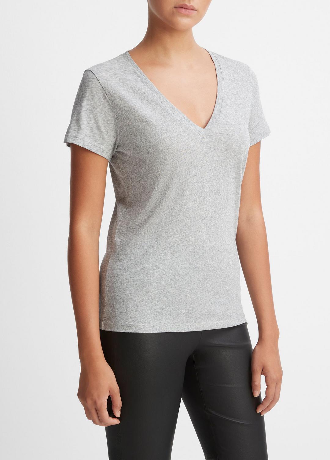 VINCE | Essential Pima Cotton V-Neck T-Shirt in Short Sleeve - HEATHER GREY