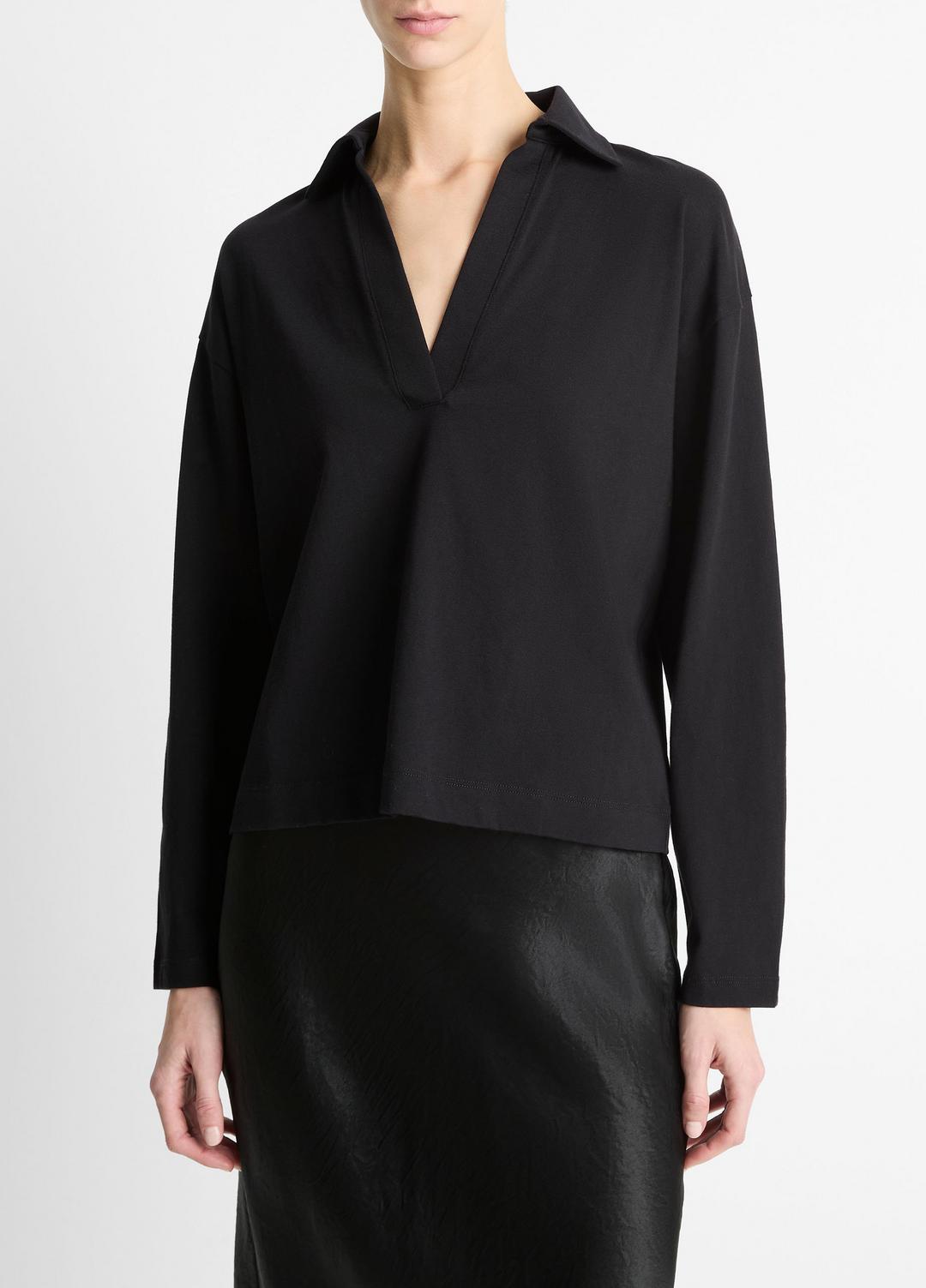 VINCE | Easy Pima Cotton Long-Sleeve Polo Shirt in Long Sleeve - BLACK