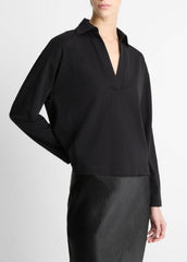VINCE | Easy Pima Cotton Long-Sleeve Polo Shirt in Long Sleeve - BLACK