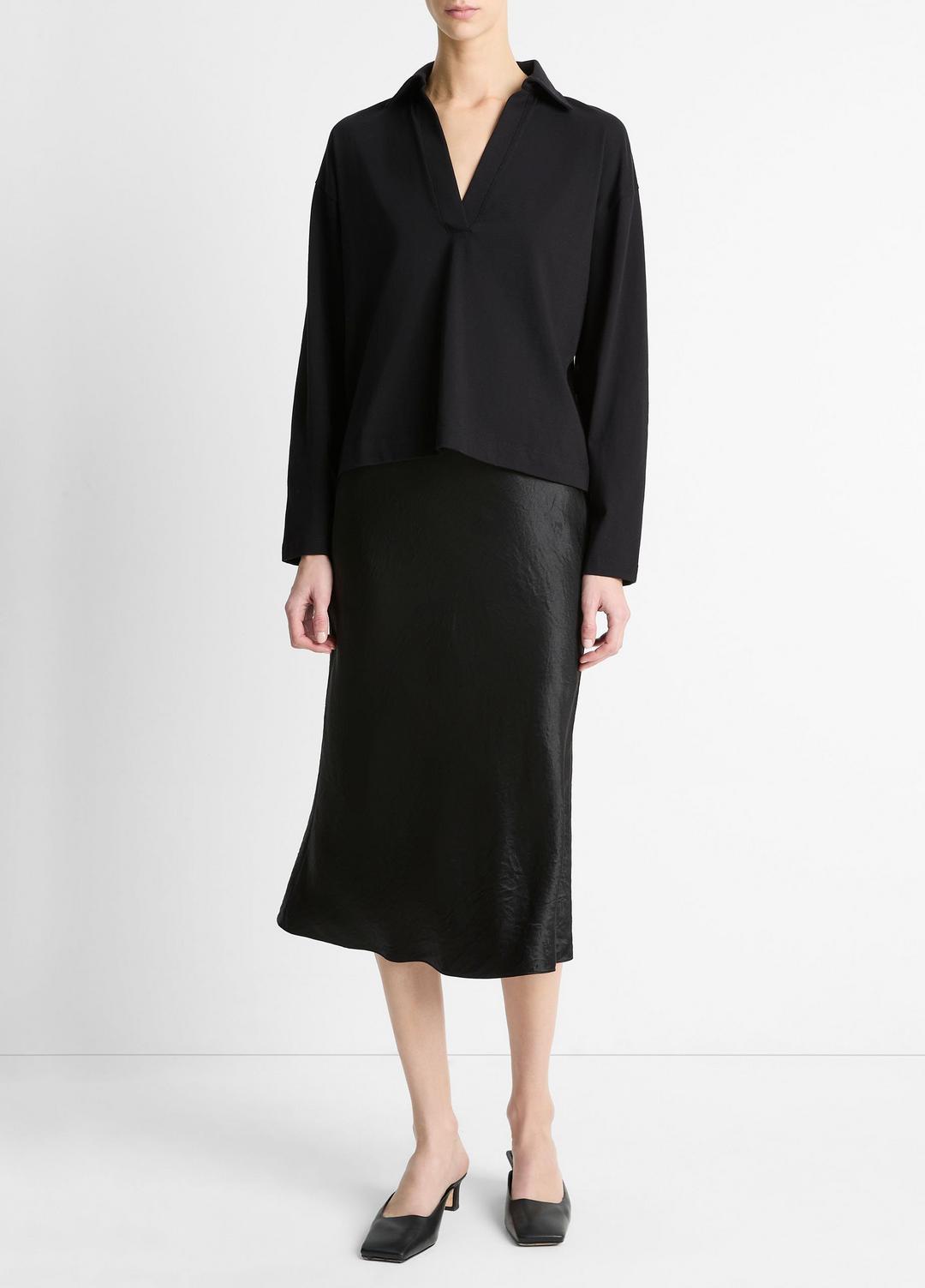 VINCE | Easy Pima Cotton Long-Sleeve Polo Shirt in Long Sleeve - BLACK