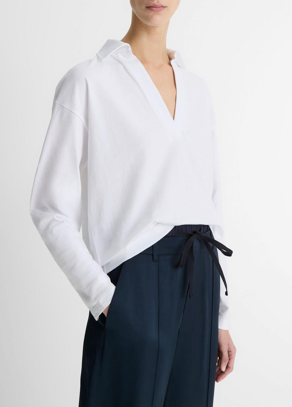 VINCE | Easy Pima Cotton Long-Sleeve Polo Shirt in Long Sleeve - OPTIC WHITE