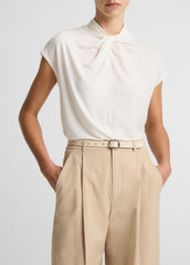 VINCE | Twist-Neck Matte Jersey Cap-Sleeve Top  in Short Sleeve - BONE