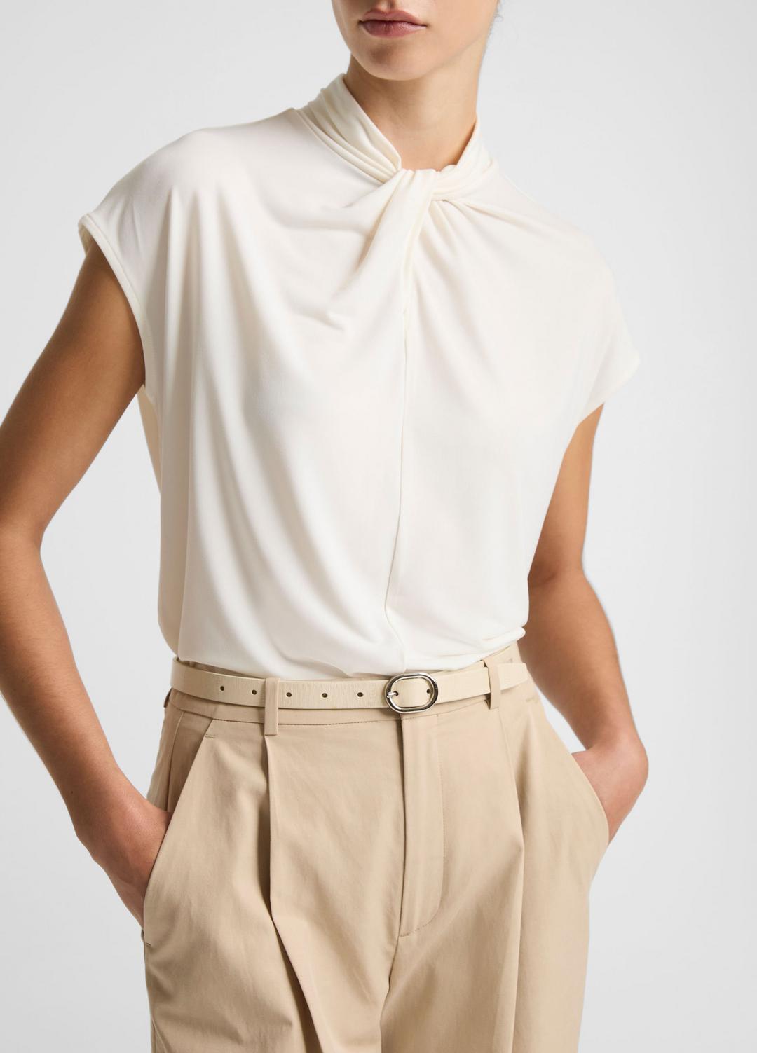 VINCE | Twist-Neck Matte Jersey Cap-Sleeve Top  in Short Sleeve - BONE