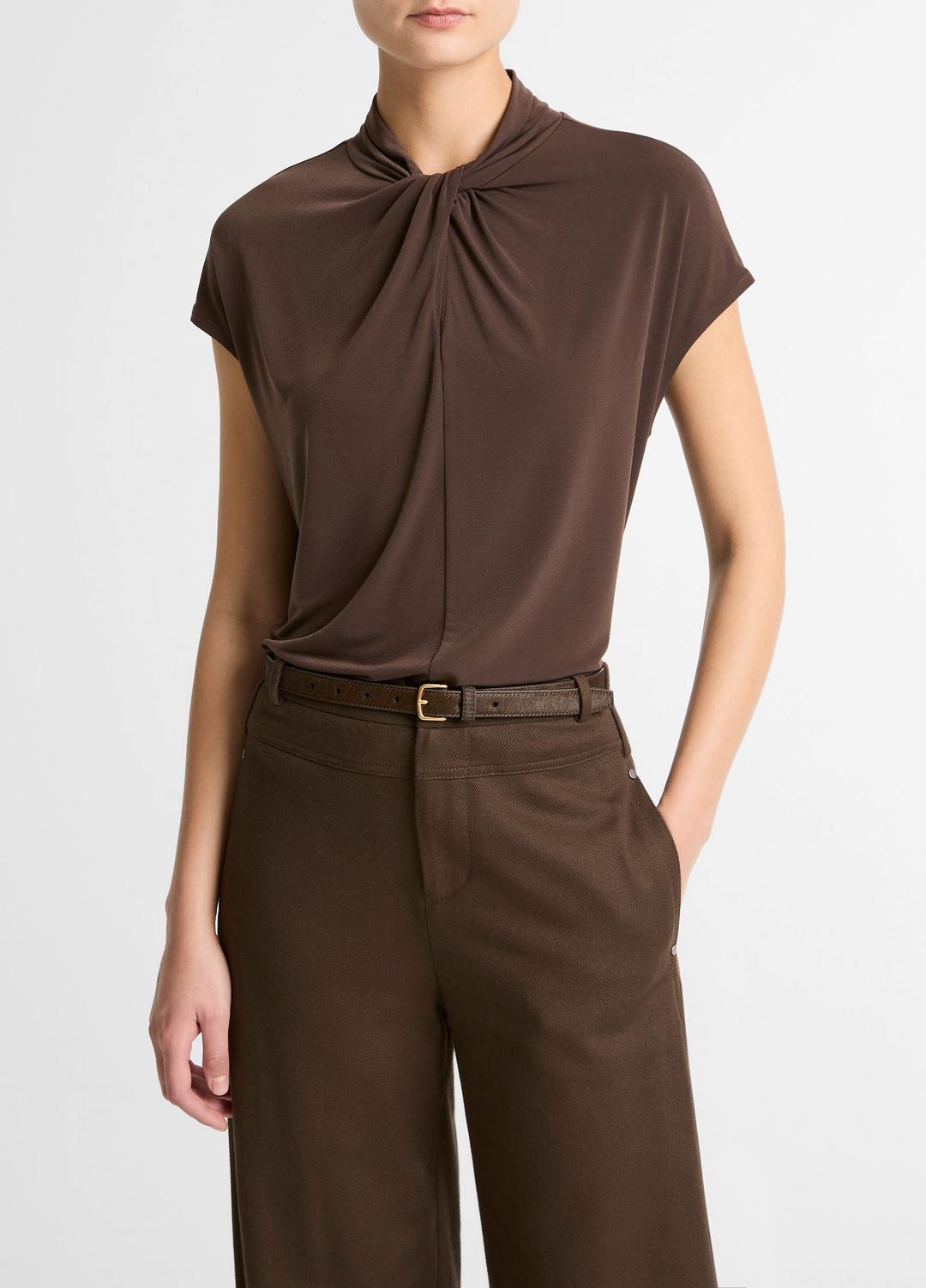 VINCE | Twist-Neck Matte Jersey Cap-Sleeve Top  in Short Sleeve - DARK BARK