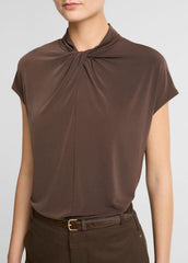 VINCE | Twist-Neck Matte Jersey Cap-Sleeve Top  in Short Sleeve - DARK BARK