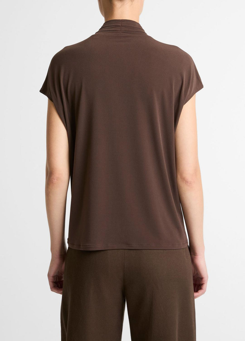 VINCE | Twist-Neck Matte Jersey Cap-Sleeve Top  in Short Sleeve - DARK BARK