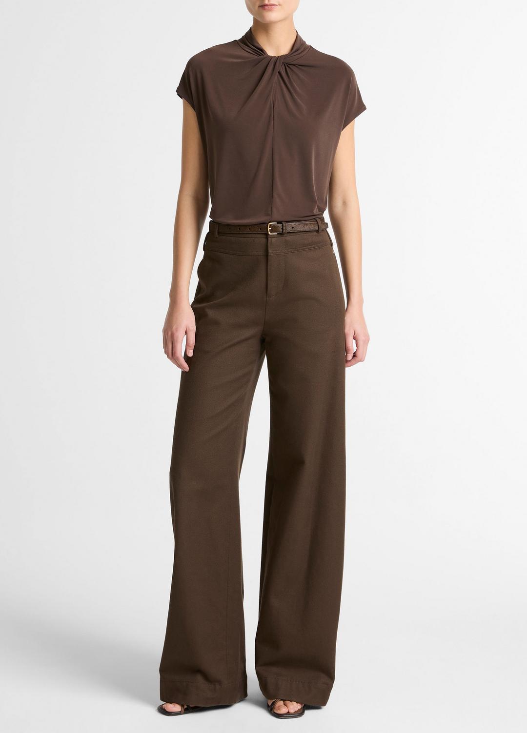 VINCE | Twist-Neck Matte Jersey Cap-Sleeve Top  in Short Sleeve - DARK BARK