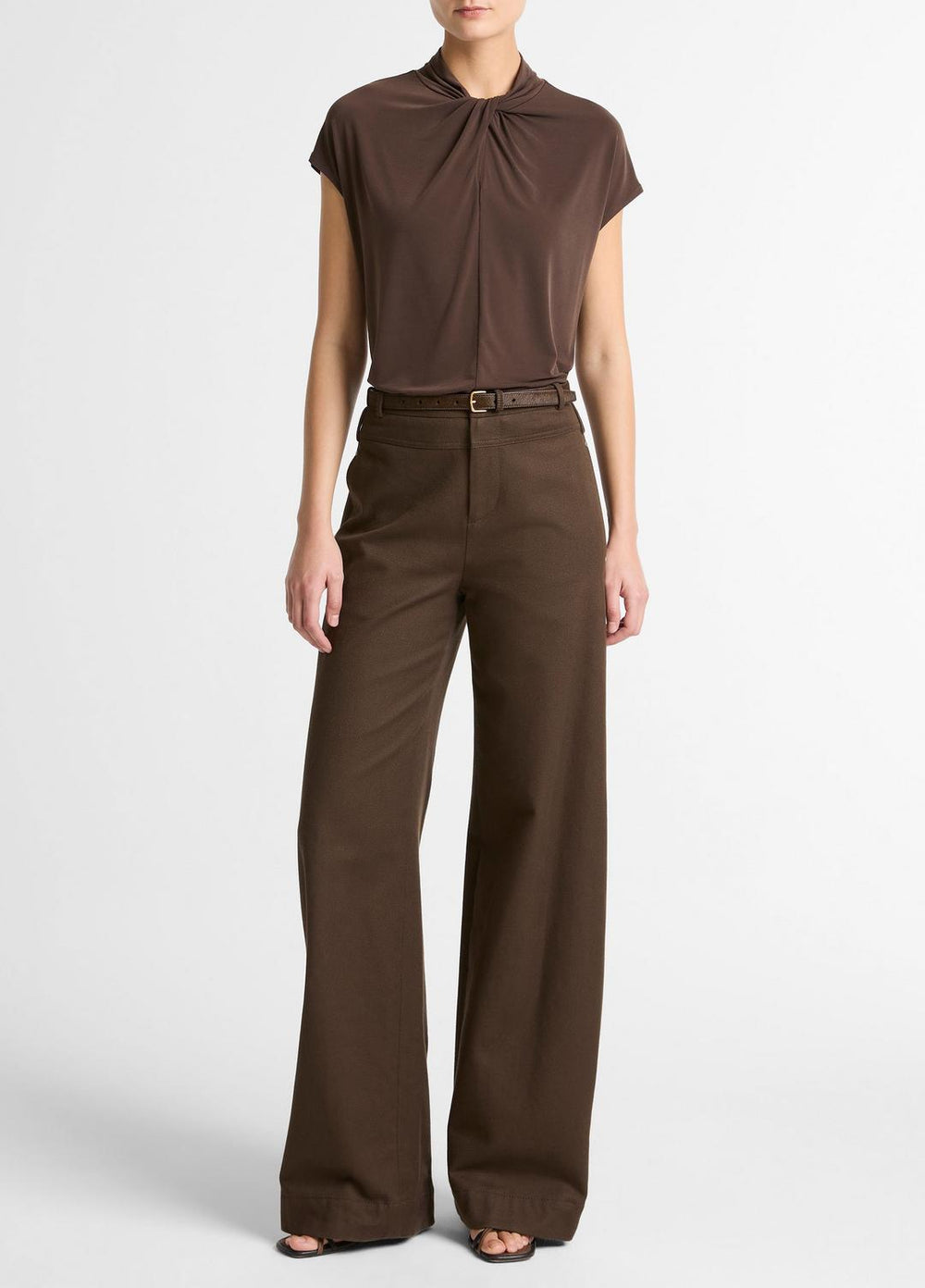 VINCE | Twist-Neck Matte Jersey Cap-Sleeve Top  in Short Sleeve - DARK BARK
