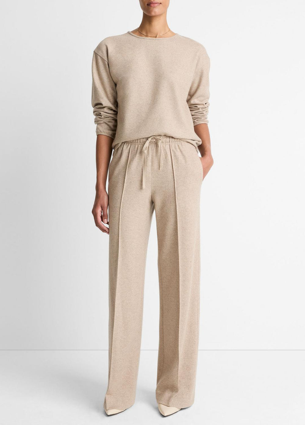 VINCE | Wool-Blend Tailored Wide-Leg Pant in Wide Leg - HEATHER MARZIPAN