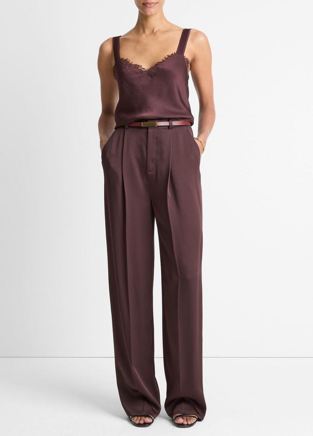 VINCE | Satin Pleated Wide-Leg Trouser in Trousers - DARK FIG