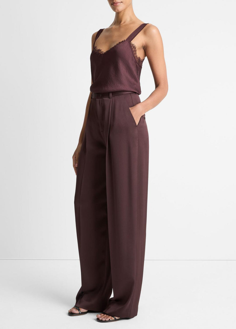 VINCE | Satin Pleated Wide-Leg Trouser in Trousers - DARK FIG