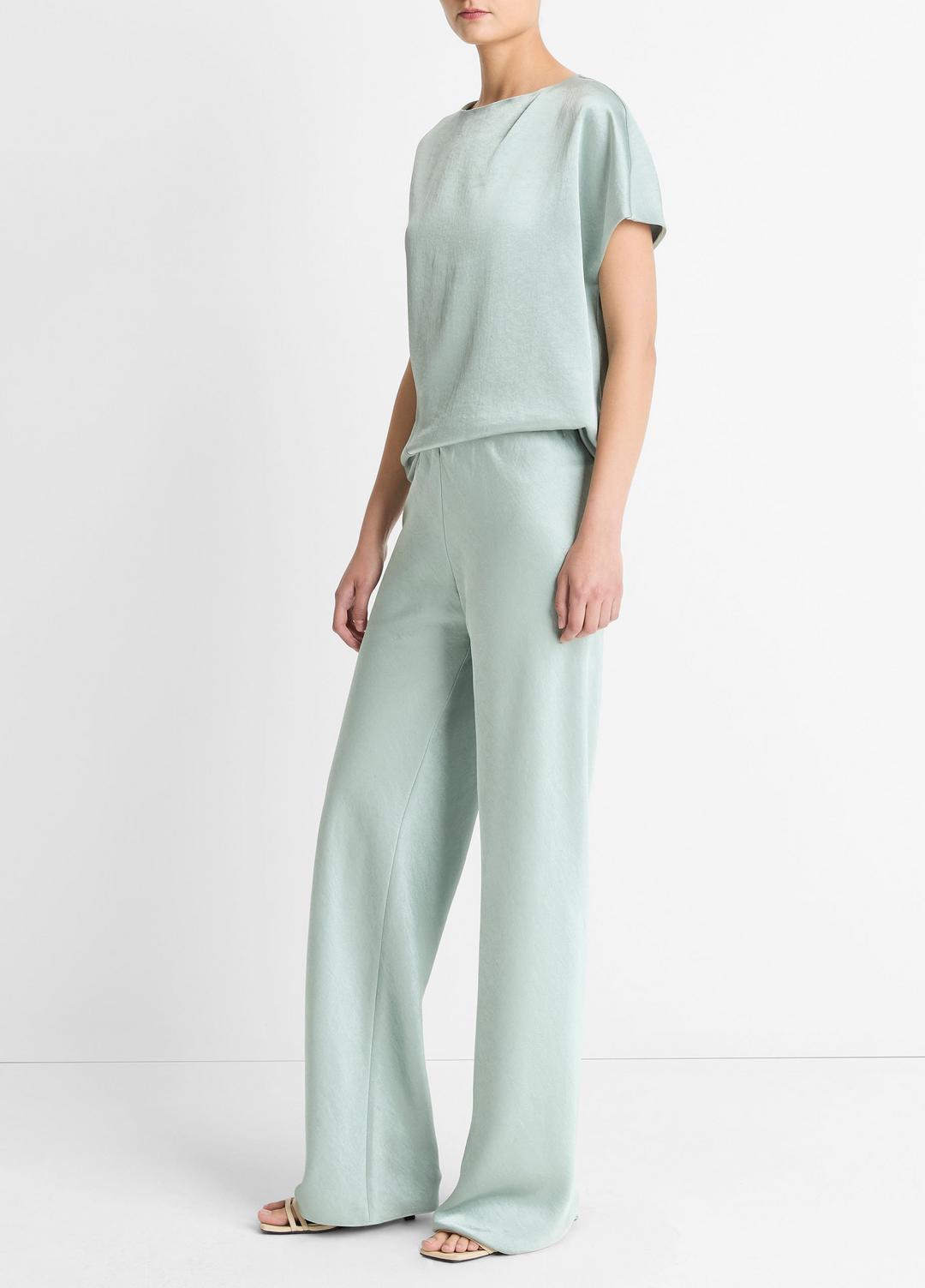 VINCE | Colette High-Rise Fluid Satin Bias Pant in Trousers - ALOE STONE
