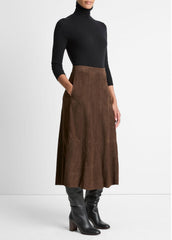 VINCE | Suede Mid-Rise Flared Skirt in Skirts - DEEP ESPRESSO