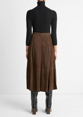 VINCE | Suede Mid-Rise Flared Skirt in Skirts - DEEP ESPRESSO
