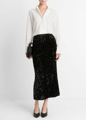 VINCE | Sequined Velvet Column Skirt in Skirts - BLACK