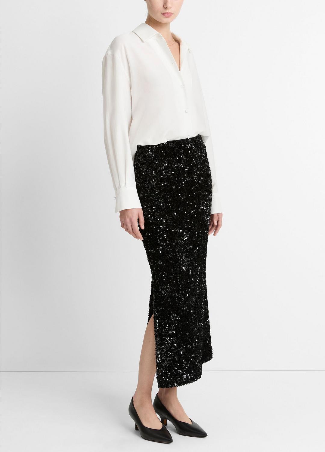 VINCE | Sequined Velvet Column Skirt in Skirts - BLACK
