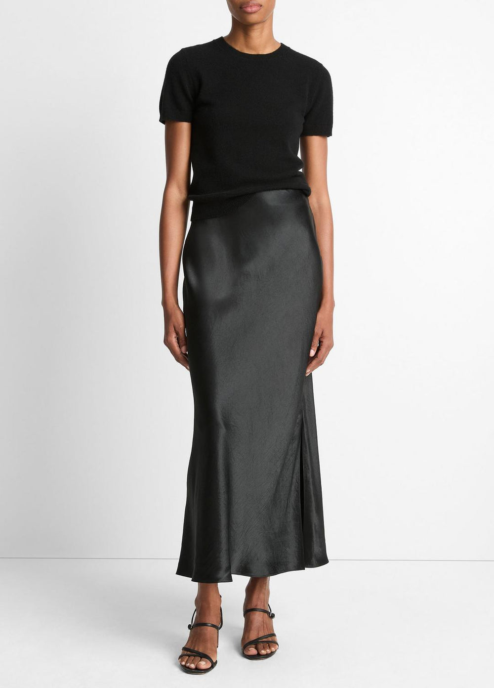 VINCE | Satin Side-Slit Slip Skirt in Skirts - BLACK