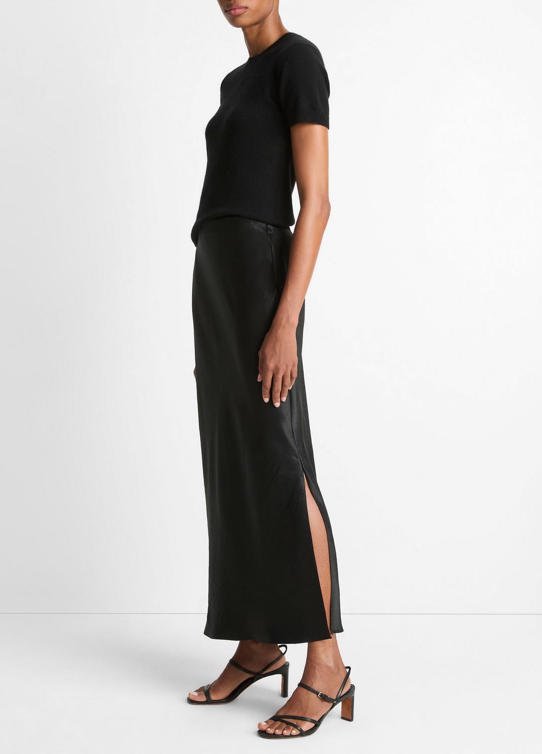 VINCE | Satin Side-Slit Slip Skirt in Skirts - BLACK