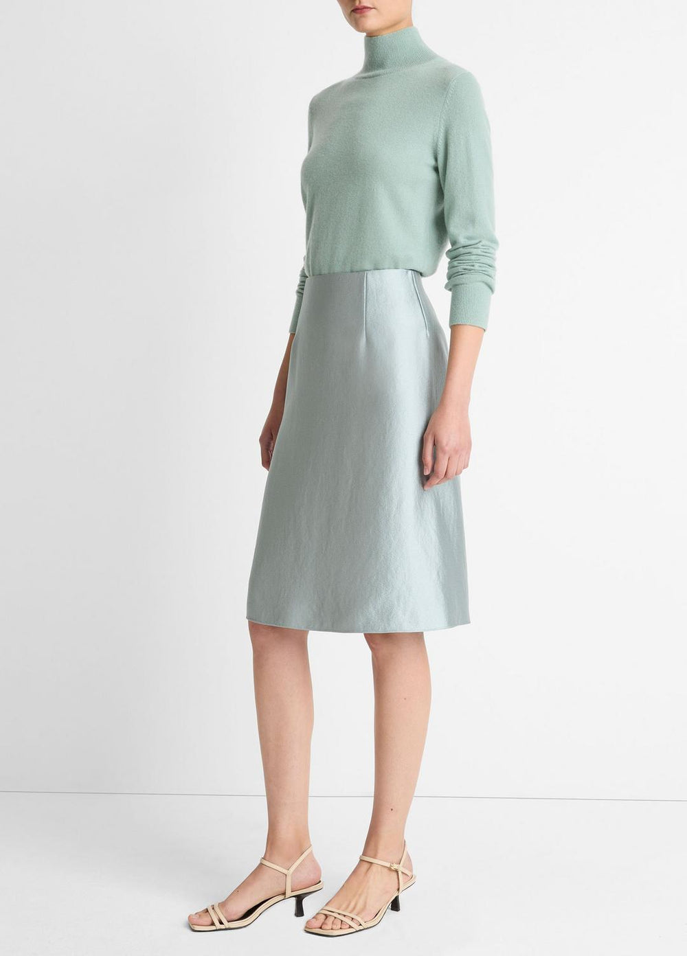 VINCE | Satin A-Line Knee Skirt in Skirts - ALOE STONE