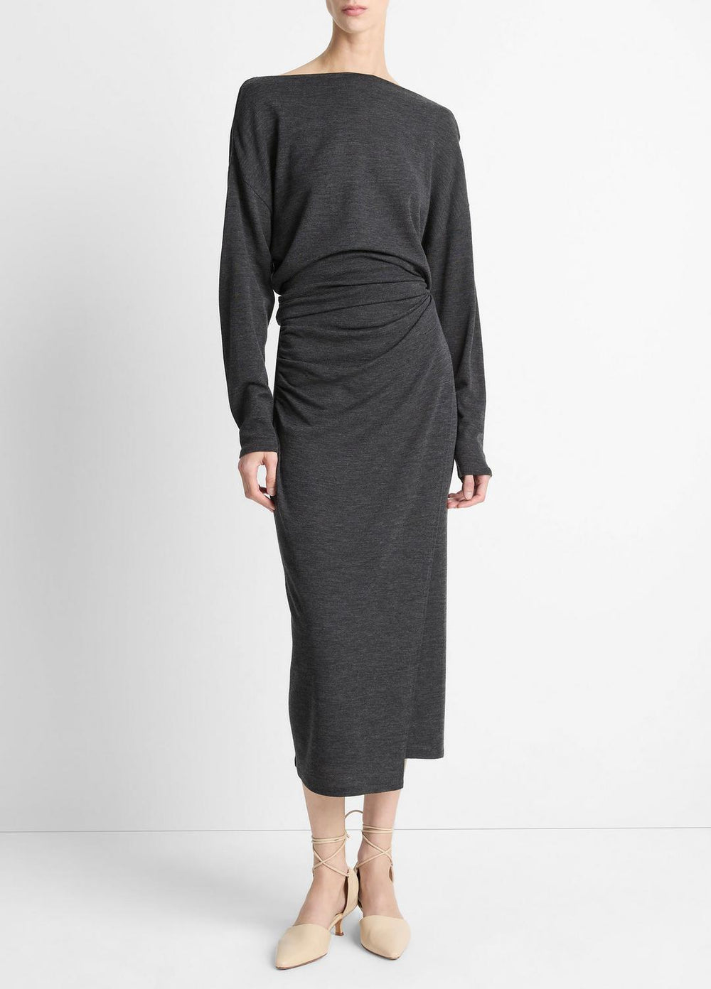 VINCE | Draped-Waist Wool-Blend Midi Skirt in Skirts - DARK HEATHER GREY